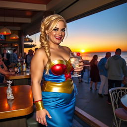 Plump and curvy blond woman with her hair in a sexy plait, standing in a cafe overlooking the beach at St Ives at dusk