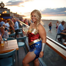 Plump and curvy blond woman with her hair in a sexy plait, standing in a cafe overlooking the beach at St Ives at dusk