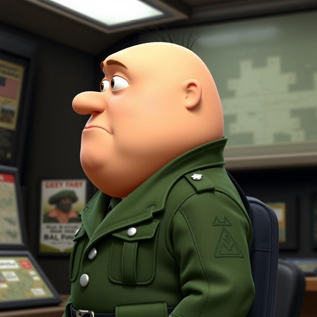 A side profile of Gru from "Despicable Me", wearing a green military uniform