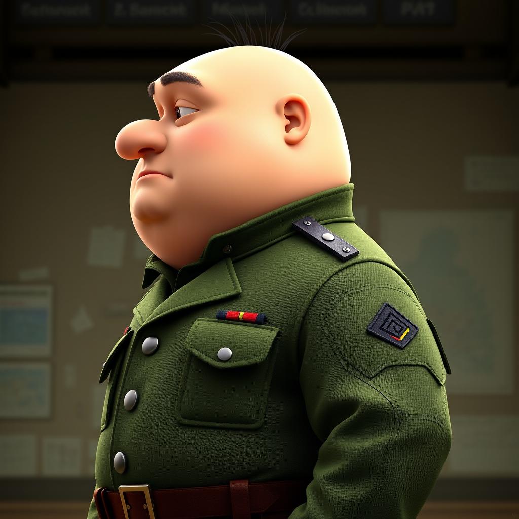 A side profile of Gru from "Despicable Me", wearing a green military uniform