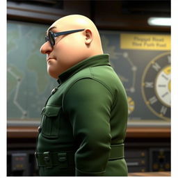 A side profile of Gru from "Despicable Me", wearing a green military uniform