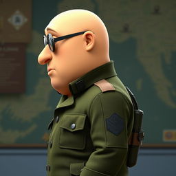 A side profile of Gru from "Despicable Me", wearing a green military uniform