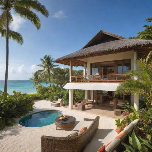 A luxurious private villa under a sunny sky, surrounded by tropical greenery. A gourmet breakfast spread is served on the veranda. On the nearby beach, a banana boat, spa facilities, kayaks, and paddleboards are waiting for exploration. An impression of a magnificent island exploration retreat package.