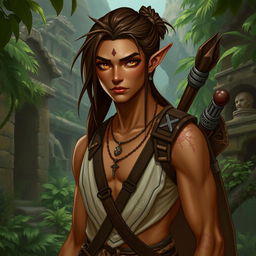 A male semi-elf explorer character inspired by Mayan culture, presented in a realistic art style