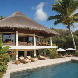 A luxurious private villa under a sunny sky, surrounded by tropical greenery. A gourmet breakfast spread is served on the veranda. On the nearby beach, a banana boat, spa facilities, kayaks, and paddleboards are waiting for exploration. An impression of a magnificent island exploration retreat package.