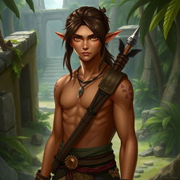 A male semi-elf explorer character inspired by Mayan culture, presented in a realistic art style