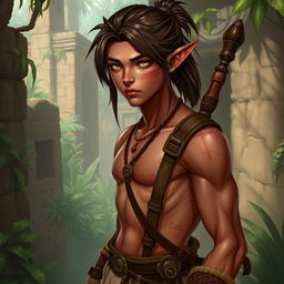 A male semi-elf explorer character inspired by Mayan culture, presented in a realistic art style