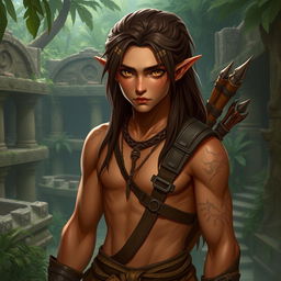 A male semi-elf explorer character inspired by Mayan culture, presented in a realistic art style