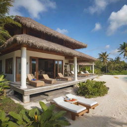 A luxurious private villa under a sunny sky, surrounded by tropical greenery. A gourmet breakfast spread is served on the veranda. On the nearby beach, a banana boat, spa facilities, kayaks, and paddleboards are waiting for exploration. An impression of a magnificent island exploration retreat package.