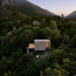 A tranquil house nestled on a steep mountain, enveloped by lush wilderness.