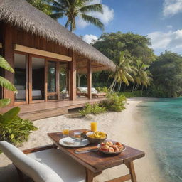 A luxurious private villa under a sunny sky, surrounded by tropical greenery. A gourmet breakfast spread is served on the veranda. On the nearby beach, a banana boat, spa facilities, kayaks, and paddleboards are waiting for exploration. An impression of a magnificent island exploration retreat package.