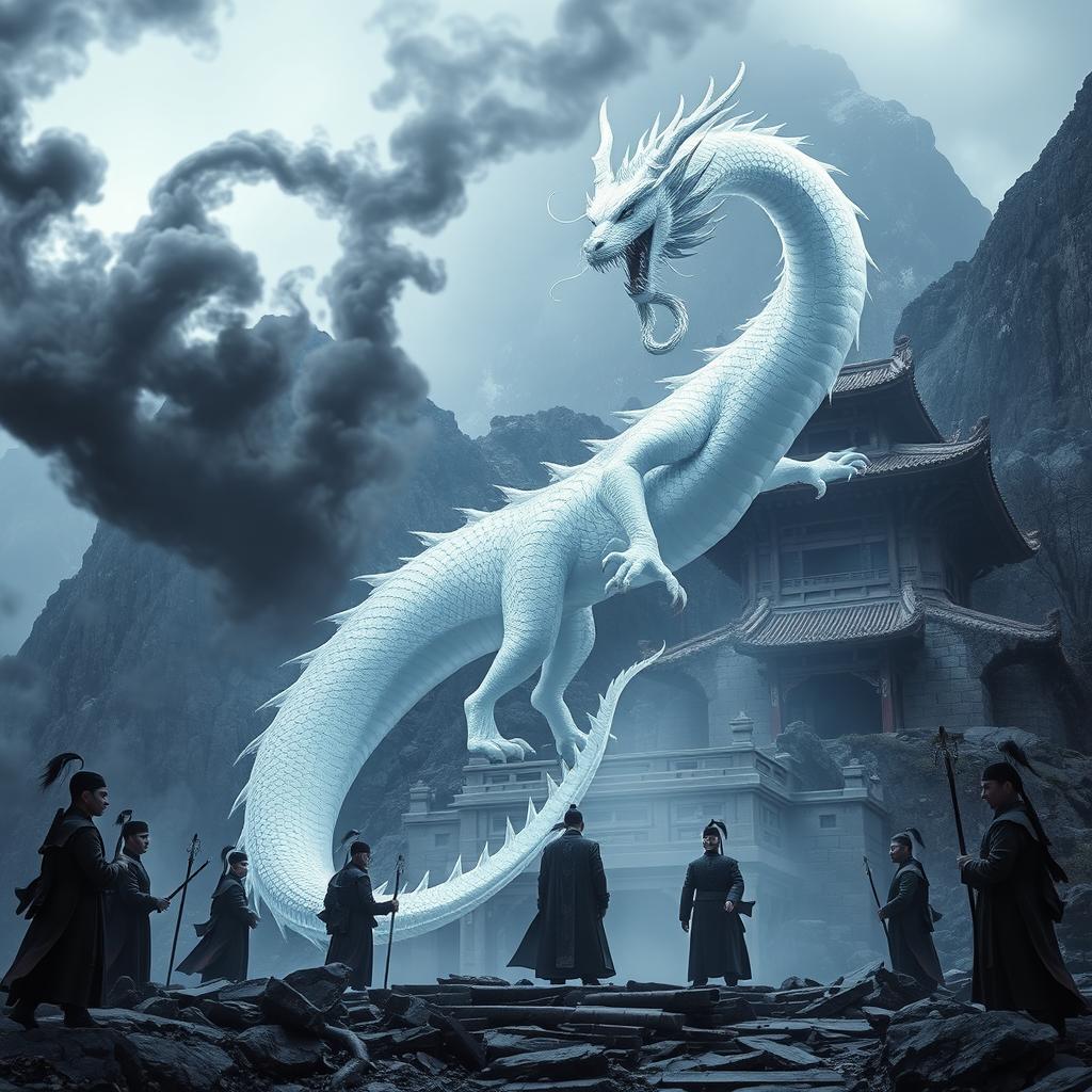 A majestic silvery white dragon transforming into a handsome tall man in a Chinese historical fantasy setting