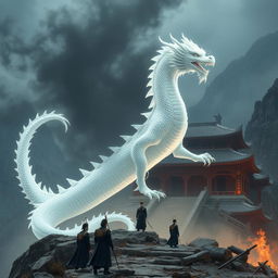 A majestic silvery white dragon transforming into a handsome tall man in a Chinese historical fantasy setting