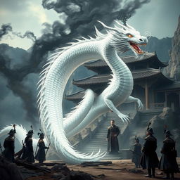 A majestic silvery white dragon transforming into a handsome tall man in a Chinese historical fantasy setting