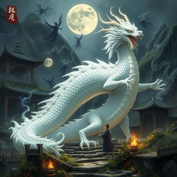 A scene from the Chinese historical fantasy book 'The Moonstone of Feng Lun', featuring a magnificent dragon with silvery white scales, embodying the spirit of Feng Lun as a beautiful tall man