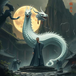 A scene from the Chinese historical fantasy book 'The Moonstone of Feng Lun', featuring a magnificent dragon with silvery white scales, embodying the spirit of Feng Lun as a beautiful tall man