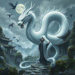 A scene from the Chinese historical fantasy book 'The Moonstone of Feng Lun', featuring a magnificent dragon with silvery white scales, embodying the spirit of Feng Lun as a beautiful tall man