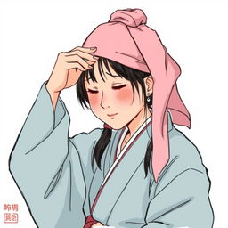 A feudal Japanese peasant woman wiping her sweaty forehead