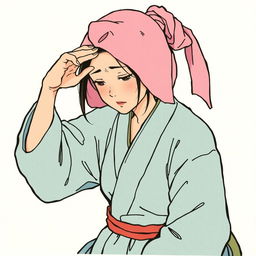 A feudal Japanese peasant woman wiping her sweaty forehead