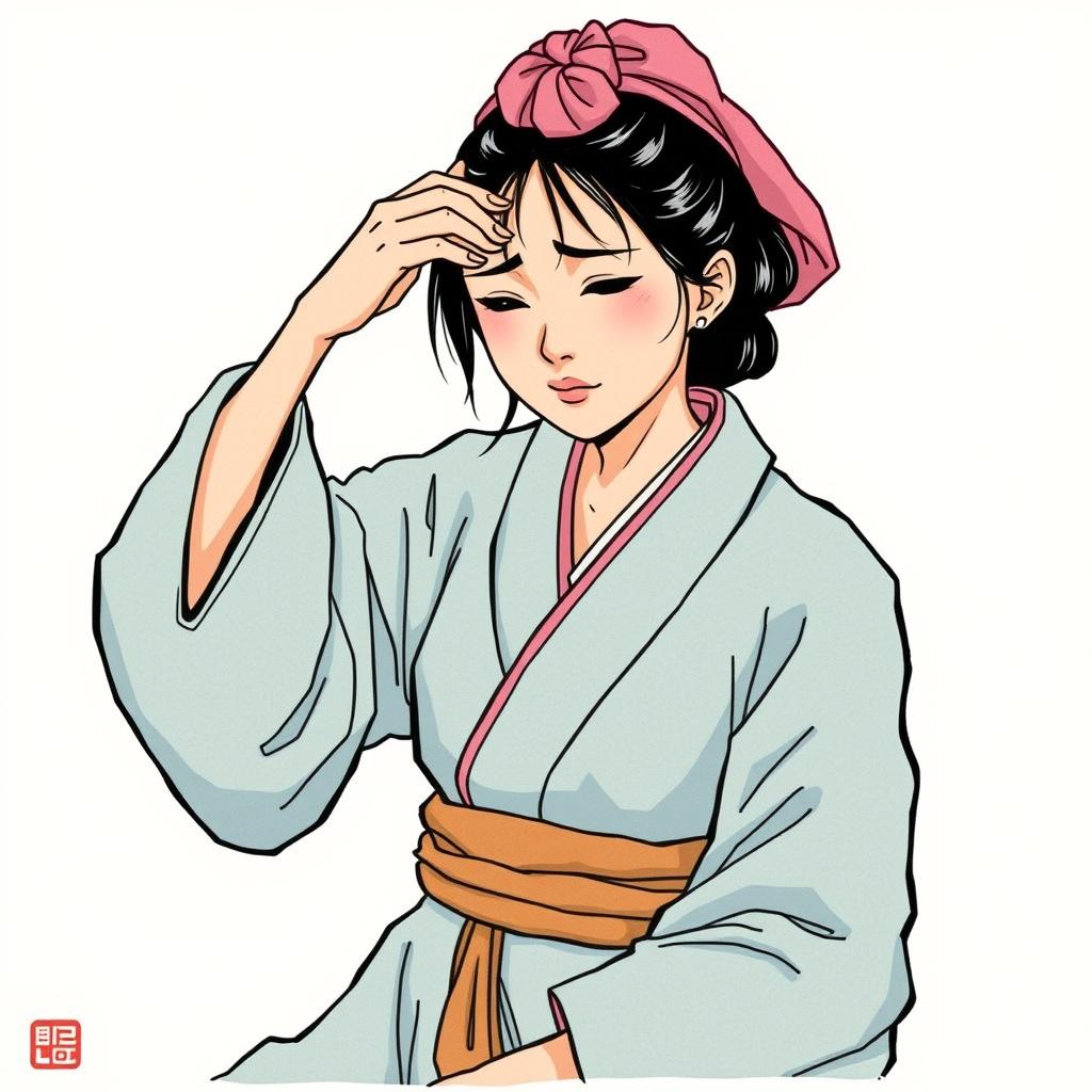 A feudal Japanese peasant woman wiping her sweaty forehead