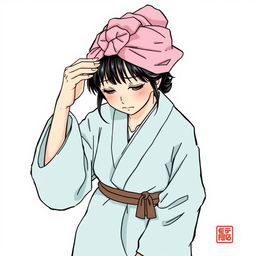 A feudal Japanese peasant woman wiping her sweaty forehead