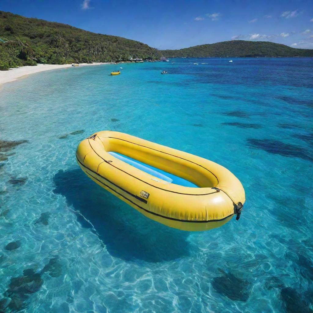 An inflatable banana boat bobbing gently on vibrant azure waters, ready for an exciting island hopping adventure across a series of verdant, tropical islands under a clear sunny sky.