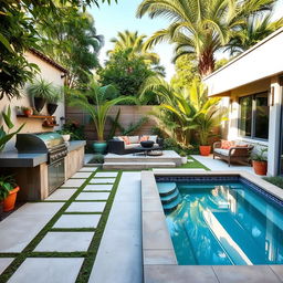 A rectangular patio designed with charming outdoor features