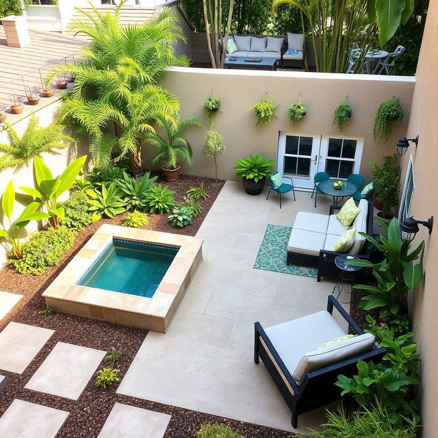 A rectangular patio designed with charming outdoor features