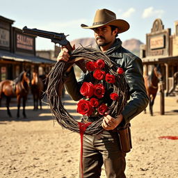 A gunslinger from the Wild West holding a bleeding wreath