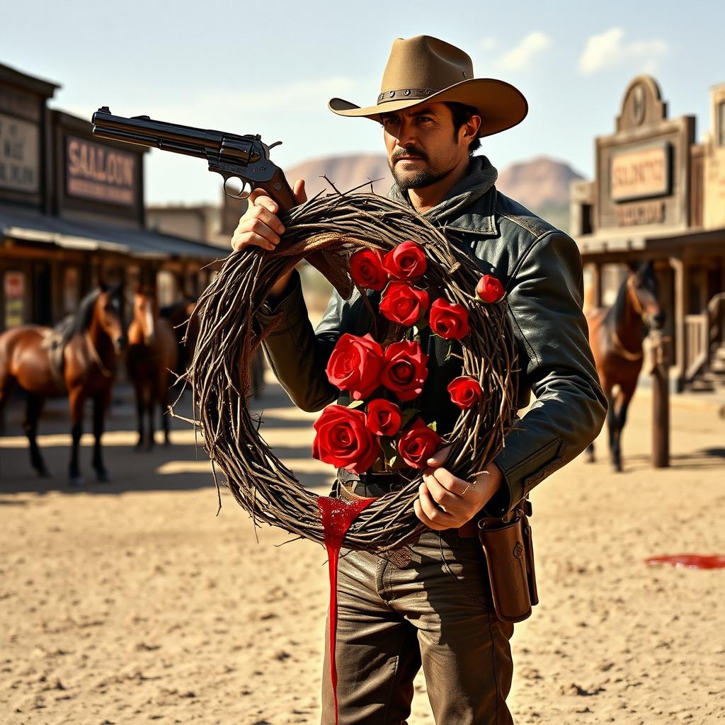 A gunslinger from the Wild West holding a bleeding wreath