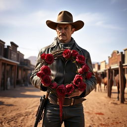 A gunslinger from the Wild West holding a bleeding wreath