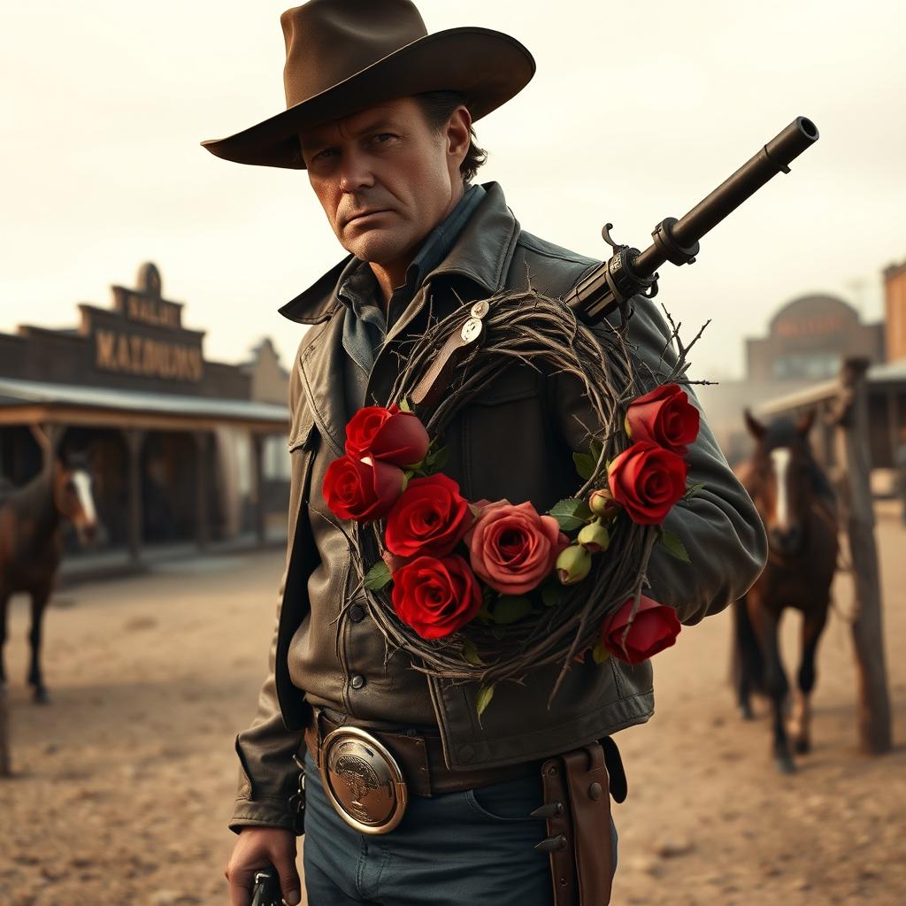 A gunslinger from the Wild West holding a bleeding wreath