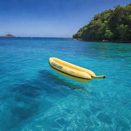 An inflatable banana boat bobbing gently on vibrant azure waters, ready for an exciting island hopping adventure across a series of verdant, tropical islands under a clear sunny sky.