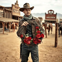 A gunslinger from the Wild West holding a bleeding wreath