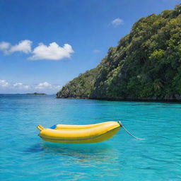 An inflatable banana boat bobbing gently on vibrant azure waters, ready for an exciting island hopping adventure across a series of verdant, tropical islands under a clear sunny sky.