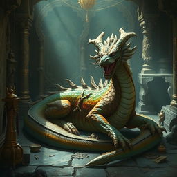 A scene depicting Fen, the majestic dragon from Guanyin Valley, resting in the depths of an ancient temple