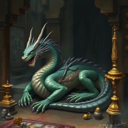 A scene depicting Fen, the majestic dragon from Guanyin Valley, resting in the depths of an ancient temple