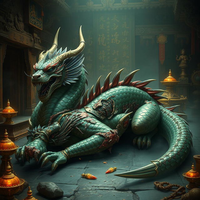 A scene depicting Fen, the majestic dragon from Guanyin Valley, resting in the depths of an ancient temple