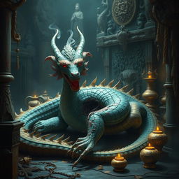 A scene depicting Fen, the majestic dragon from Guanyin Valley, resting in the depths of an ancient temple