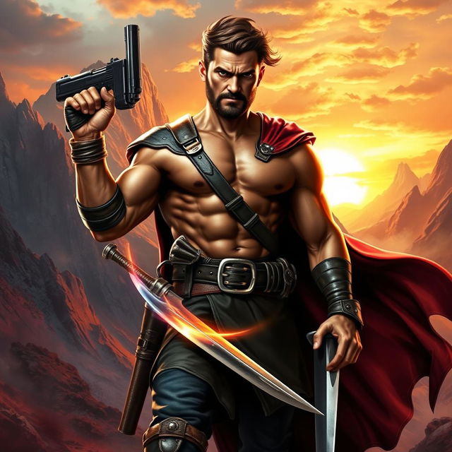 A fantasy book cover featuring a rugged man with a strong physique, holding a gleaming gun in one hand, and a majestic sword strapped to his hip