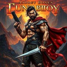 A fantasy book cover featuring a rugged man with a strong physique, holding a gleaming gun in one hand, and a majestic sword strapped to his hip