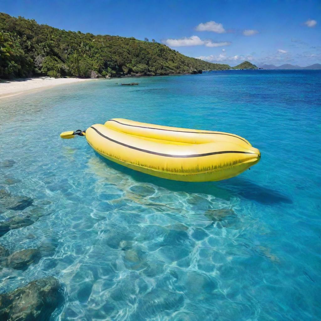 An inflatable banana boat bobbing gently on vibrant azure waters, ready for an exciting island hopping adventure across a series of verdant, tropical islands under a clear sunny sky.