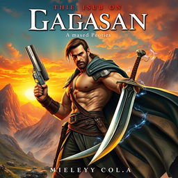 A fantasy book cover featuring a rugged man with a strong physique, holding a gleaming gun in one hand, and a majestic sword strapped to his hip