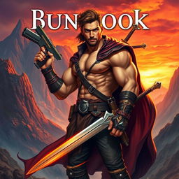 A fantasy book cover featuring a rugged man with a strong physique, holding a gleaming gun in one hand, and a majestic sword strapped to his hip