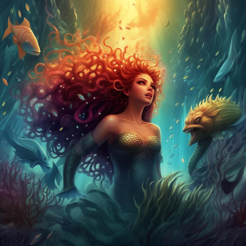 Adapt the vibrant book cover to incorporate an undersea portion at the bottom half, depicting majestic mermaids swimming amidst vibrant corals and curious sea creatures under the tumultuous waves of the battle above.