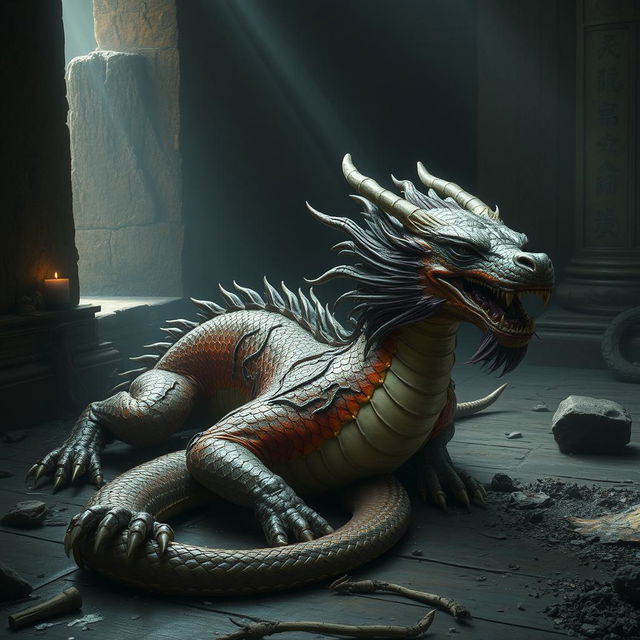 Fen, the majestic dragon from Guanyin Valley, lies in the depths of an ancient temple