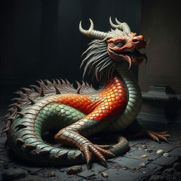 Fen, the majestic dragon from Guanyin Valley, lies in the depths of an ancient temple