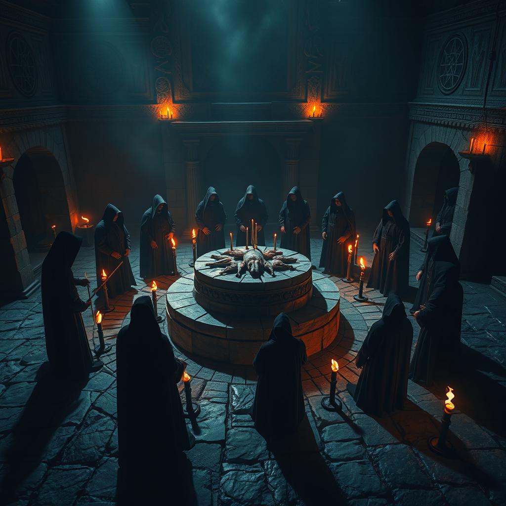 A ritual sacrifice scene set in an ancient, eerie temple