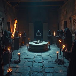 A ritual sacrifice scene set in an ancient, eerie temple