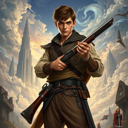 A fantasy book cover featuring a young, slightly muscular man with an intense gaze, holding a meticulously designed Lorenzoni flintlock gun